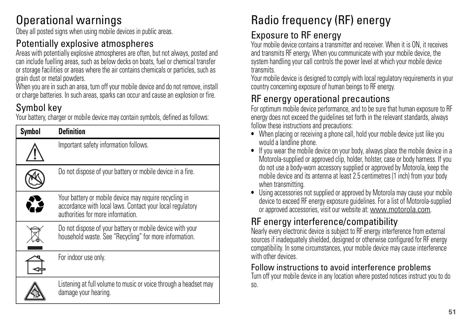 Operational warnings, Radio frequency (rf) energy | Motorola DEFY XT300  User Manual | Page 53 / 66 | Original mode