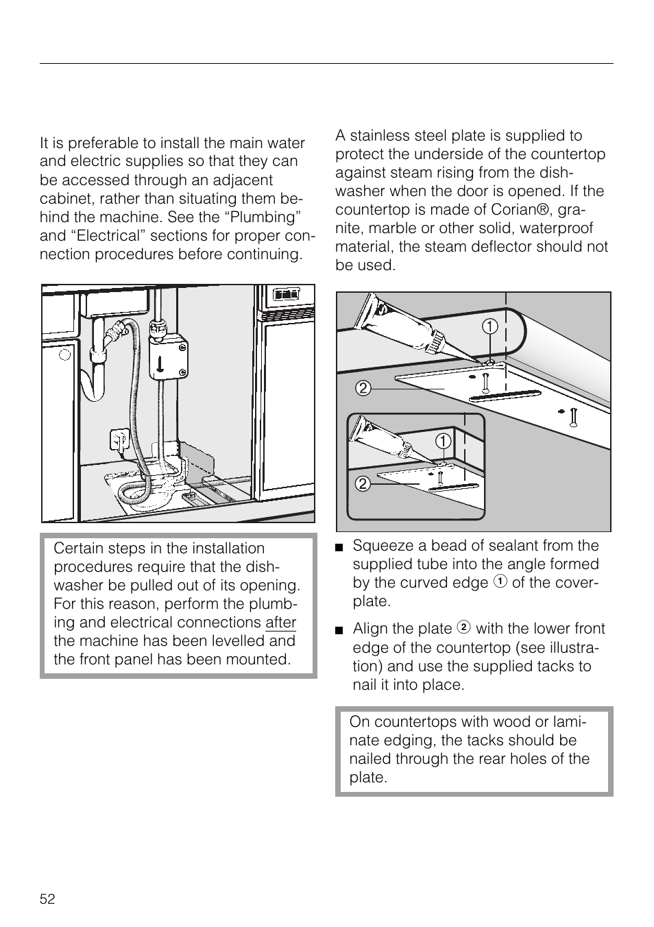 Installing the dishwasher under the countertop. 52, Installing the steam  deflector 52, Installing the dishwasher under the countertop | Miele G 879  SCVI User Manual | Page 52 / 76 | Original mode