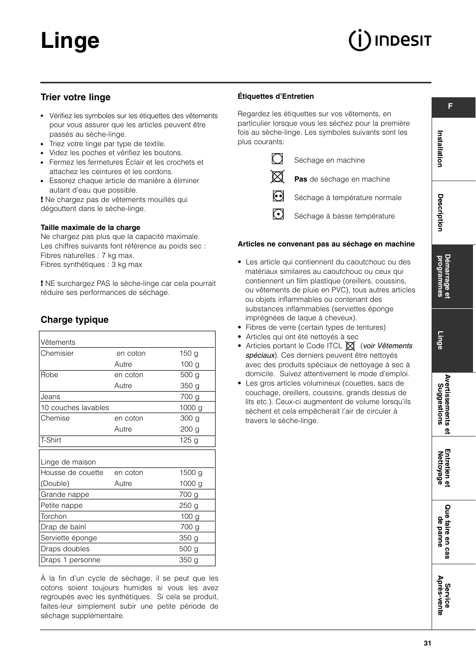 Linge, Trier votre linge, Charge typique | Indesit ISL70C User Manual |  Page 31 / 84 | Original mode