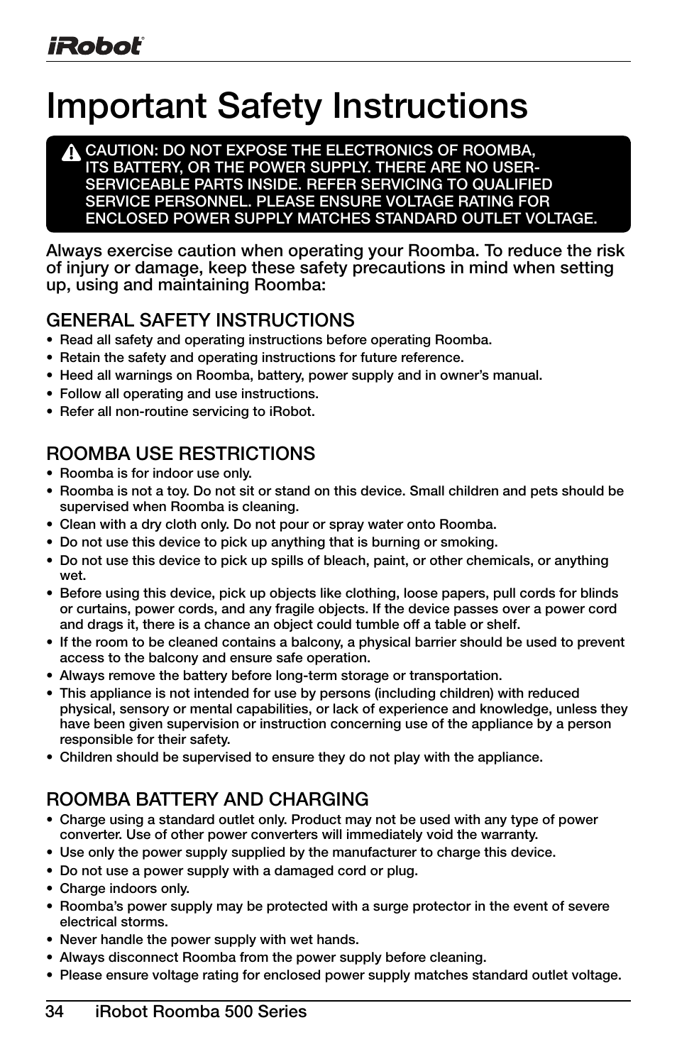 Important safety instructions, General safety instructions, Roomba use  restrictions | iRobot Roomba 600 Series User Manual | Page 34 / 36 |  Original mode
