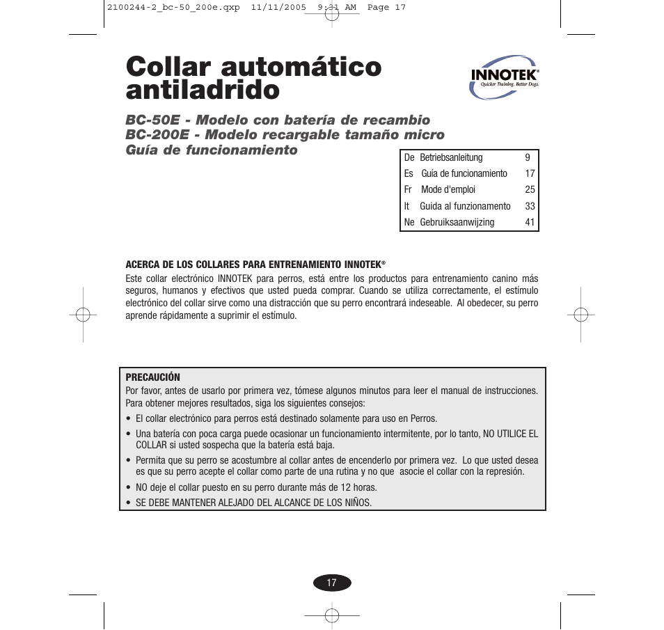 Collar automático antiladrido | Innotek Automatic No-bark Collar BC-50E  User Manual | Page 17 / 48