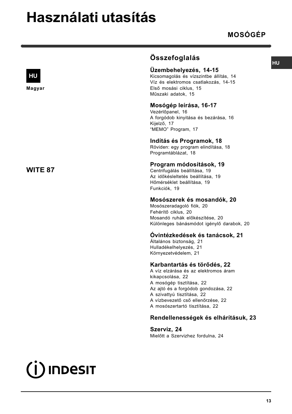 Használati utasítás, Összefoglalás, Mosógép wite 87 | Indesit WITE 87 User  Manual | Page 13 / 72