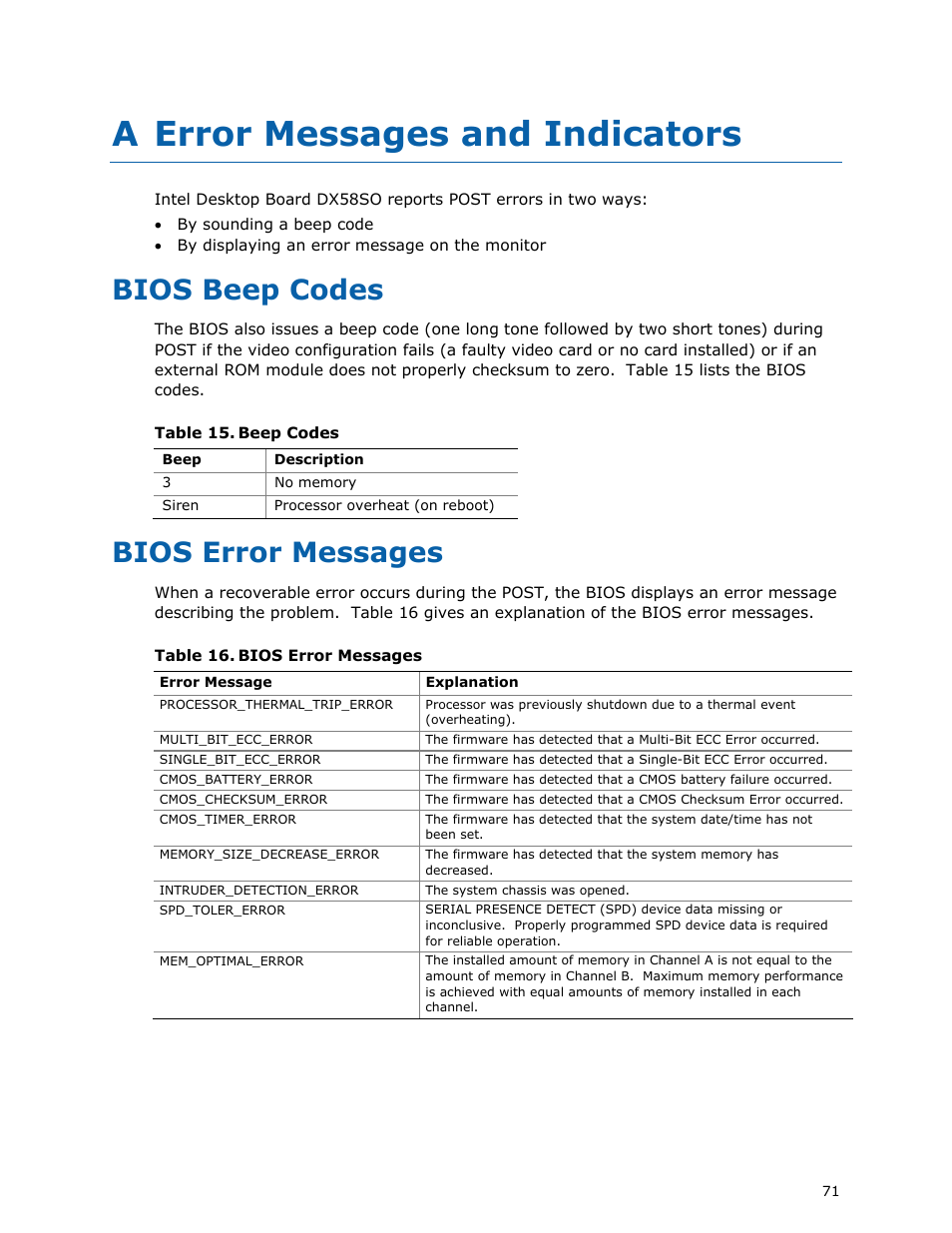 A error messages and indicators, Bios beep codes, Bios error messages |  Intel DX58SO User Manual | Page 71 / 86