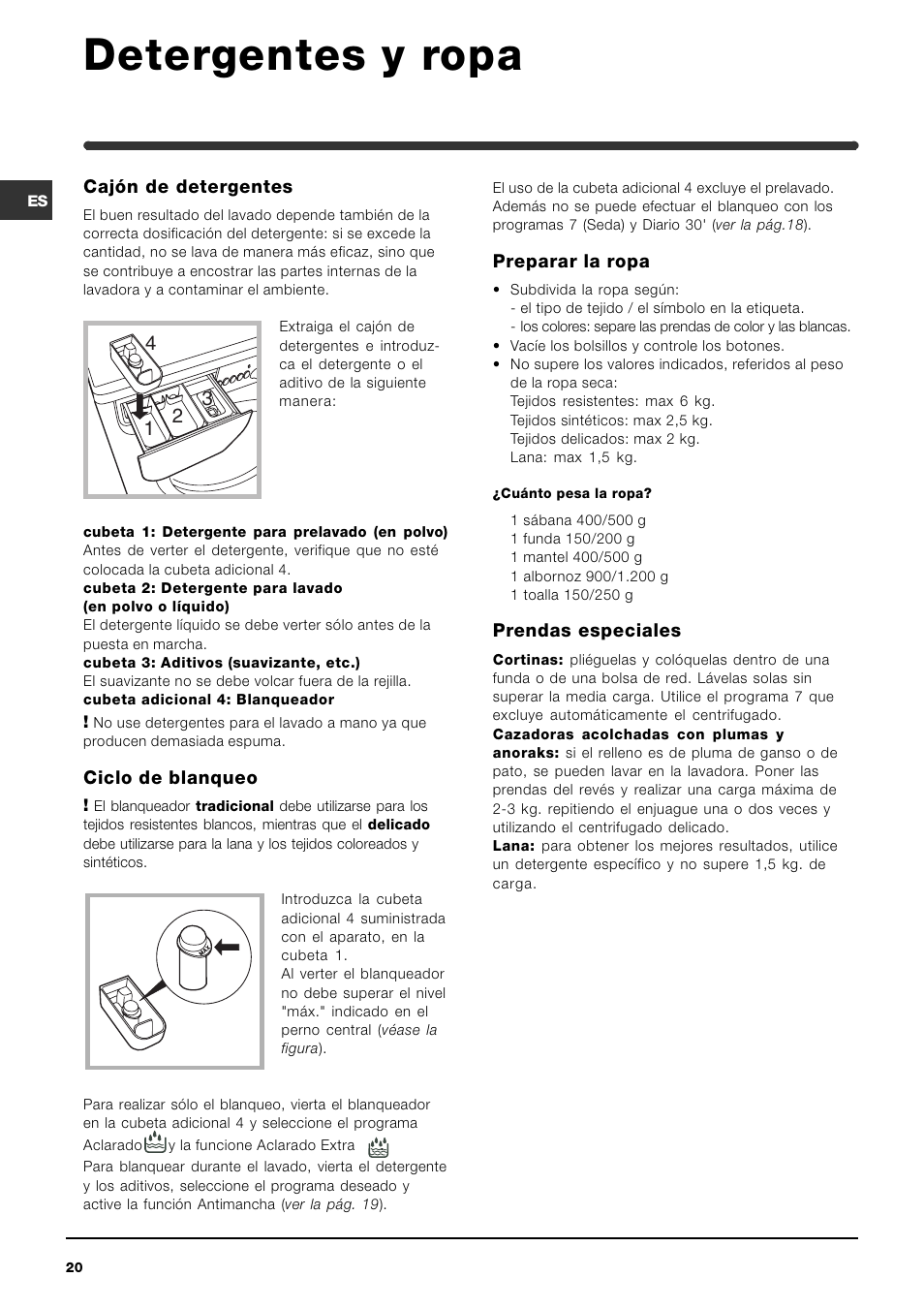 Detergentes y ropa | Indesit WIXL 125 User Manual | Page 20 / 72
