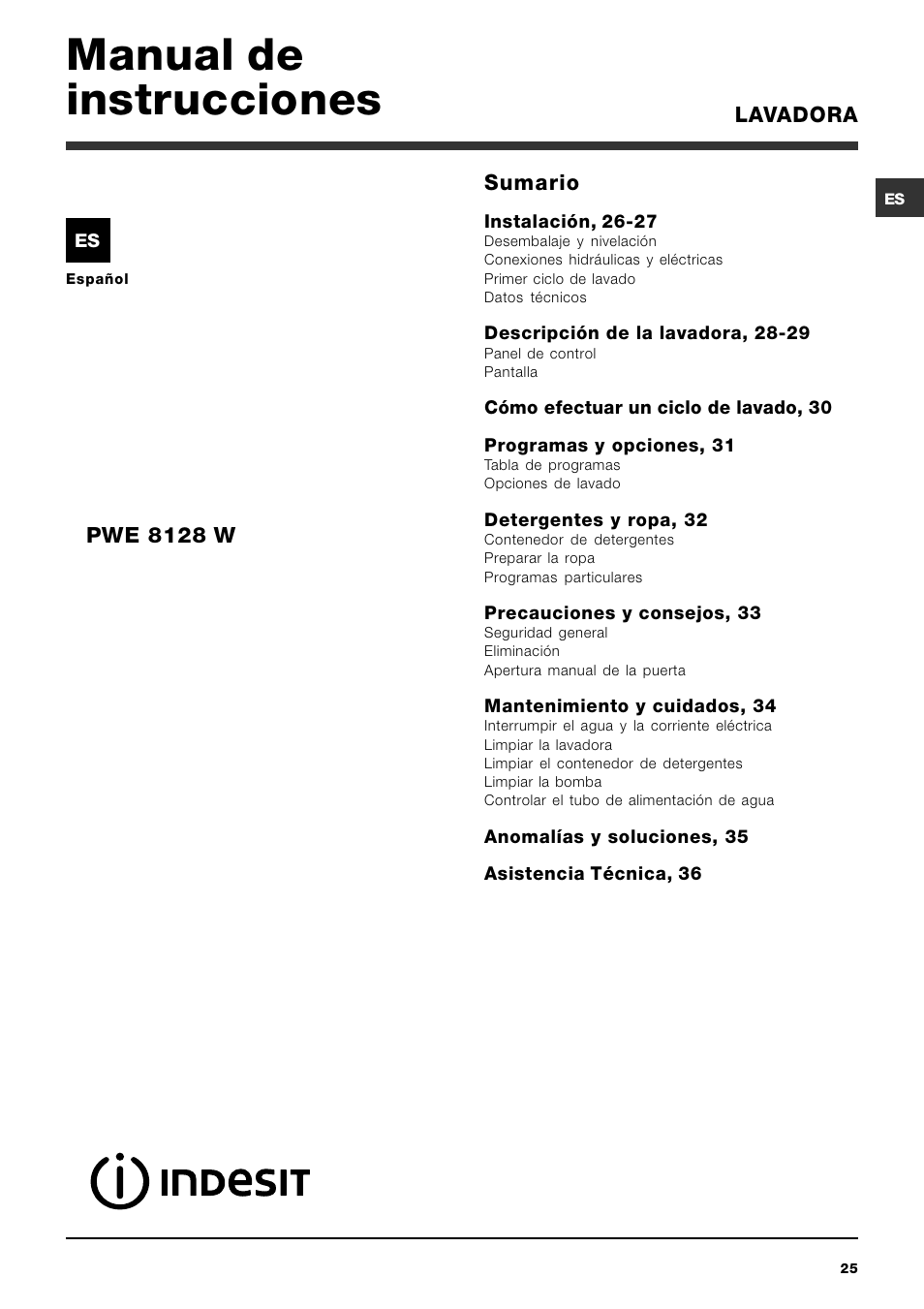 Manual de instrucciones, Lavadora sumario, Pwe 8128 w | Indesit PWE 8128 W  User Manual | Page 25 / 48 | Original mode