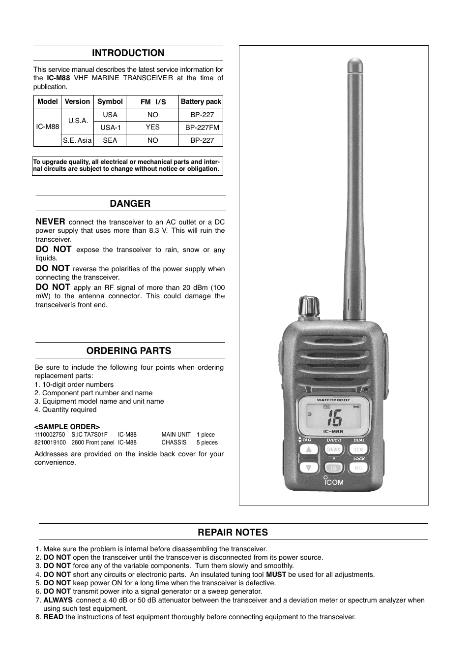 Introduction, Danger, Ordering parts | Icom VHF Marine Transceiver IC-M88  User Manual | Page 2 / 38 | Original mode