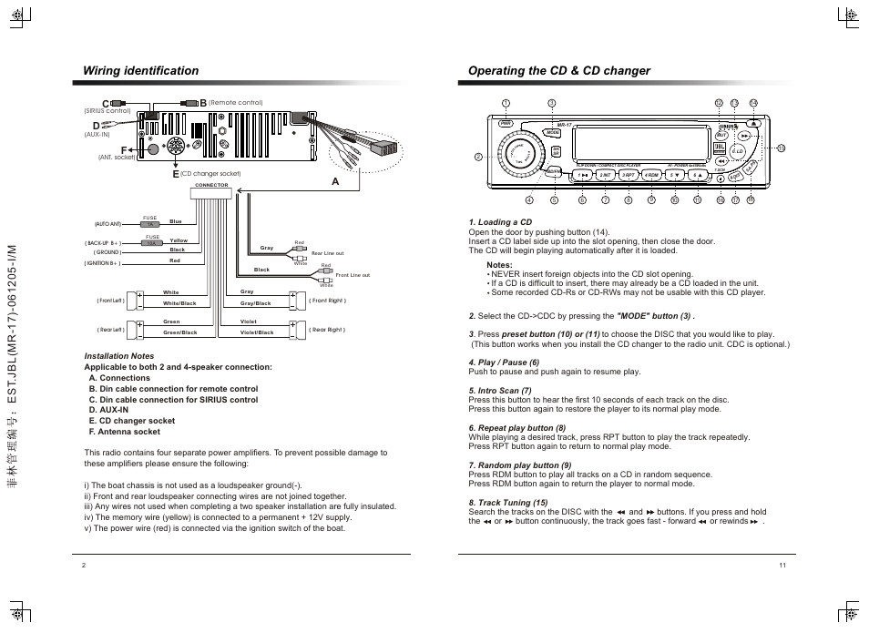 Wiring identification, Operating the cd & cd changer | JBL MR-17 User Manual  | Page 4 / 8 | Original mode