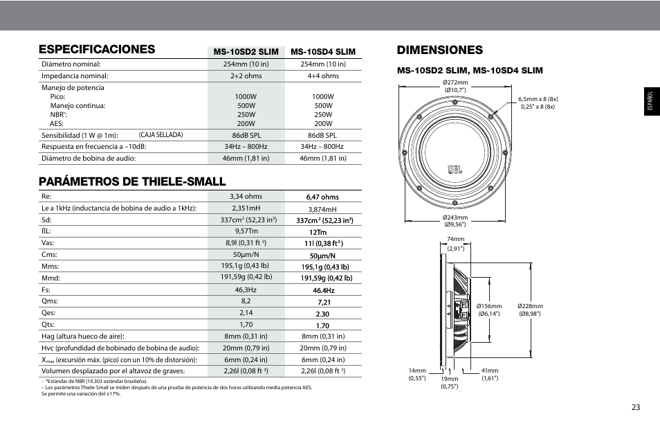 Especificaciones, Parámetros de thiele-small, Dimensiones | JBL MS-10SD4  SLIM User Manual | Page 23 / 90