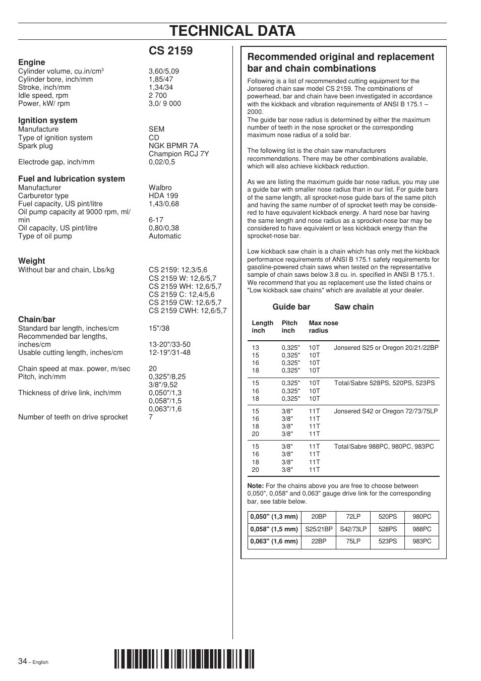 Technical data, Z*xv•¶5v, Cs 2159 | Jonsered cs 2159 User Manual | Page 34  / 36