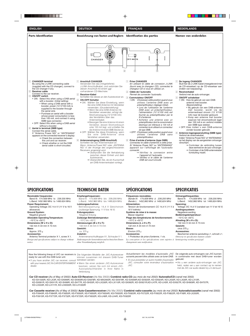 Technische daten, Spécifications, Specifications | JVC KT-DB1000 User  Manual | Page 3 / 4 | Original mode