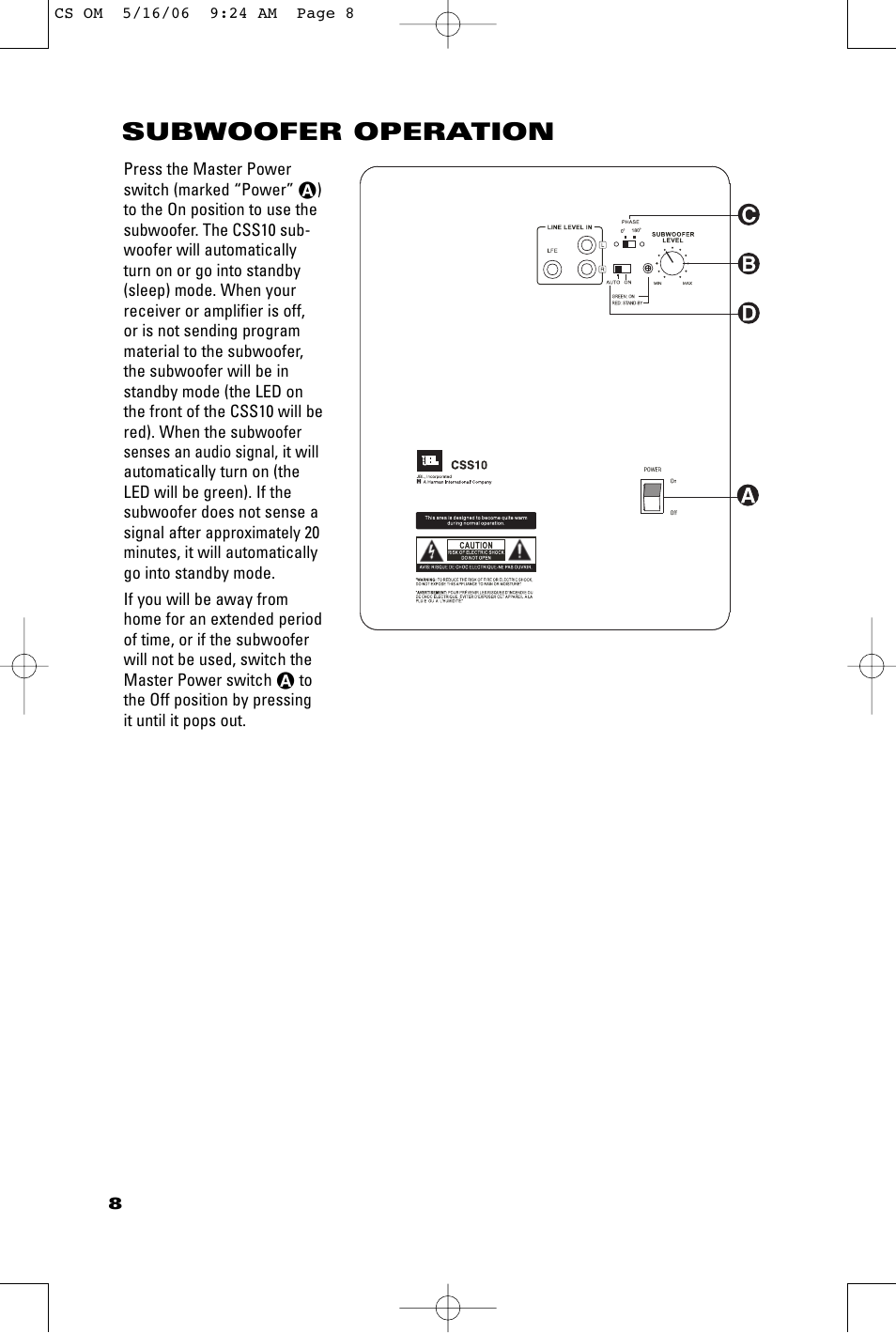 Subwoofer operation | JBL CSS10 User Manual | Page 8 / 12 | Original mode