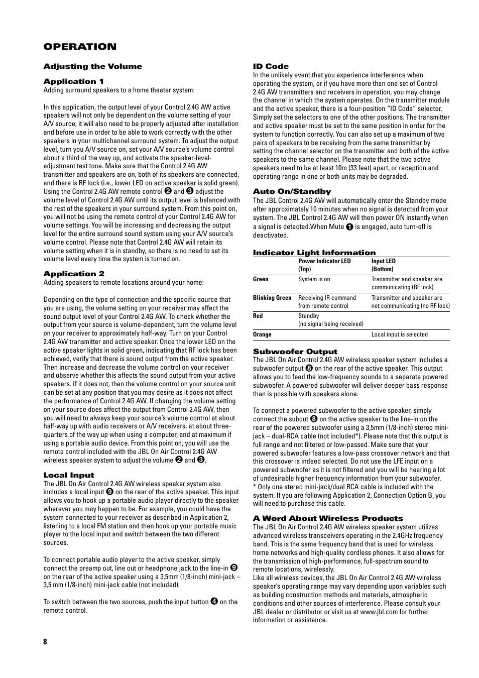 Operation | JBL 2.4G AW User Manual | Page 8 / 12