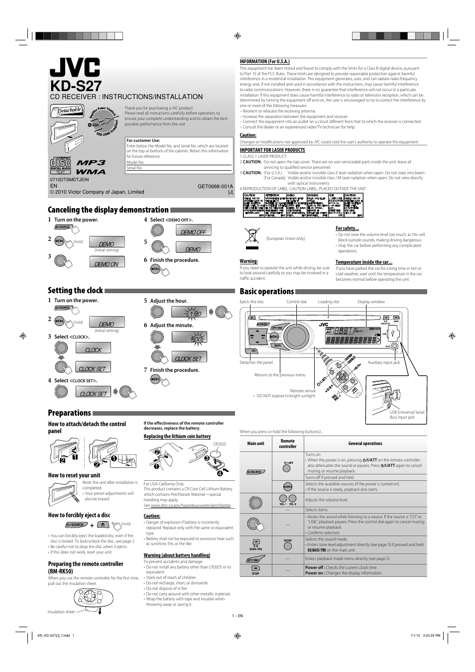 Kd-s27, Instructions/installation, Information (for u.s.a.) | JVC KD-R311  User Manual | Page 37 / 42 | Original mode