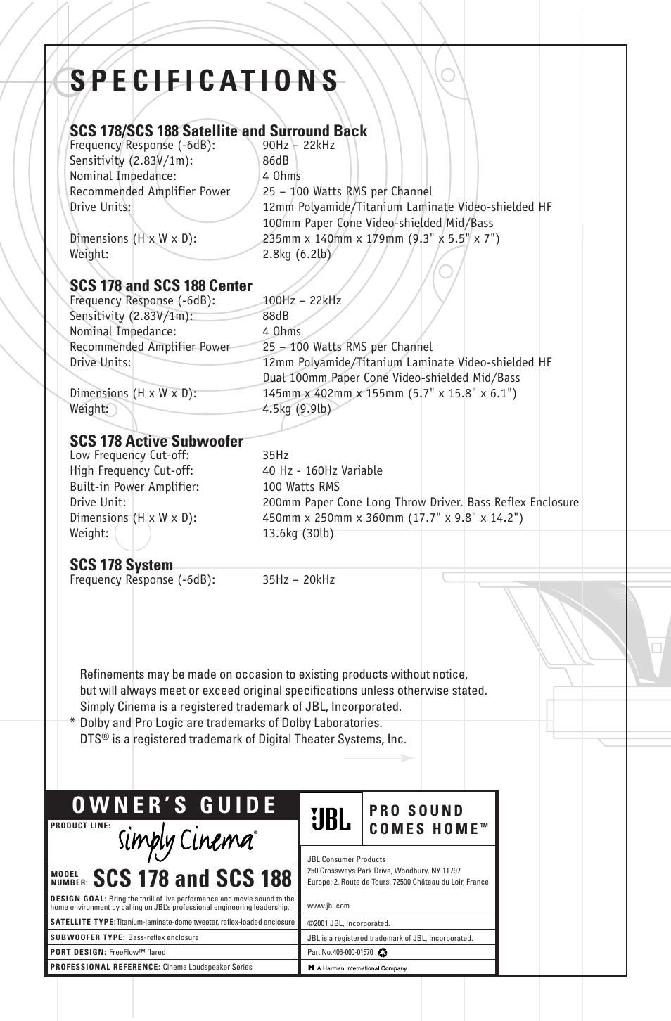 Scs 178 active subwoofer, Scs 178 system | JBL SCS 188 User Manual | Page  10 / 10