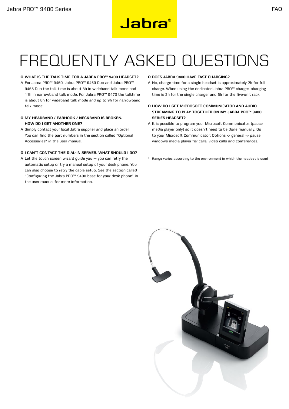 Frequently asked questions, Jabra pro™ 9400 series | Jabra PRO 9400 User  Manual | Page 3 / 3