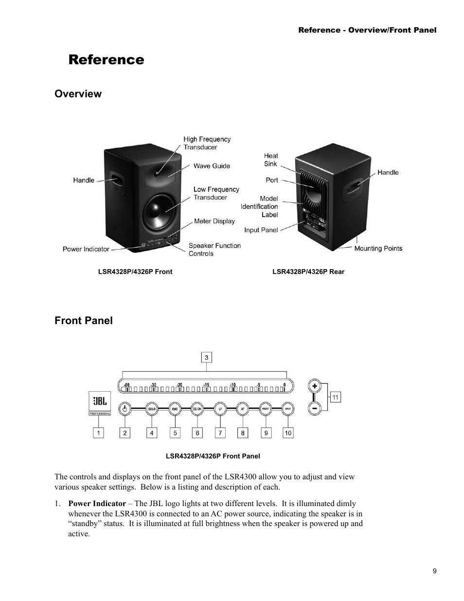 Reference, Overview, Front panel | JBL LSR4326P User Manual | Page 13 / 51
