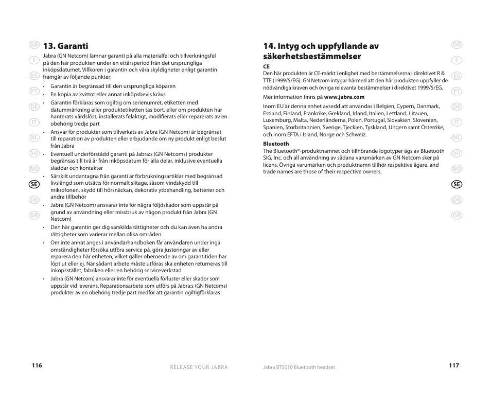 Mening toren Vierde Garanti, Intyg och uppfyllande av säkerhetsbestämmelser | Jabra BT5010 User  Manual | Page 61 / 75 | Original mode