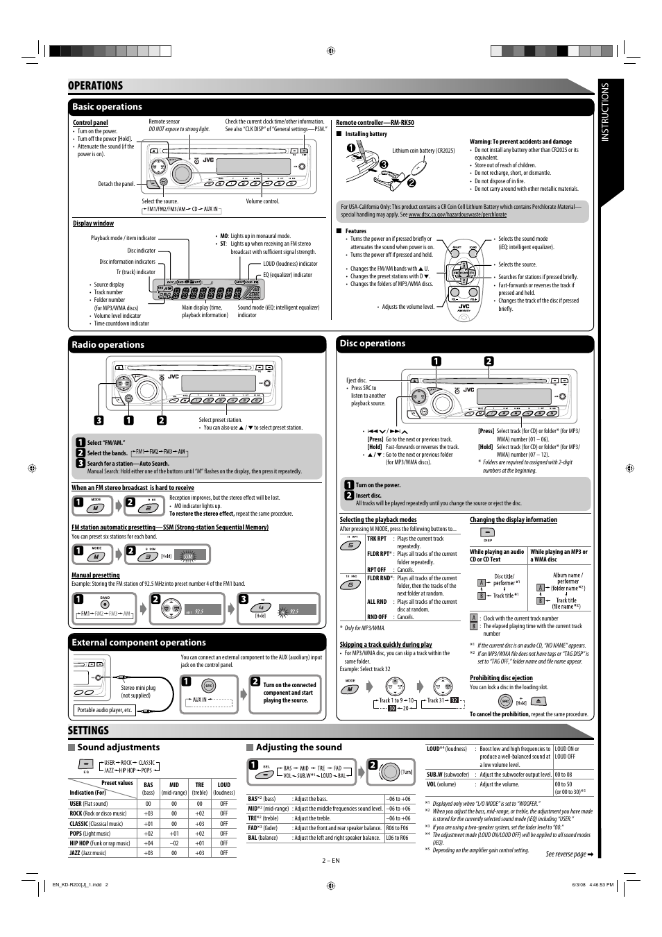 Operations, Settings, Instructions sound adjustments | JVC KD-R200 User  Manual | Page 2 / 4