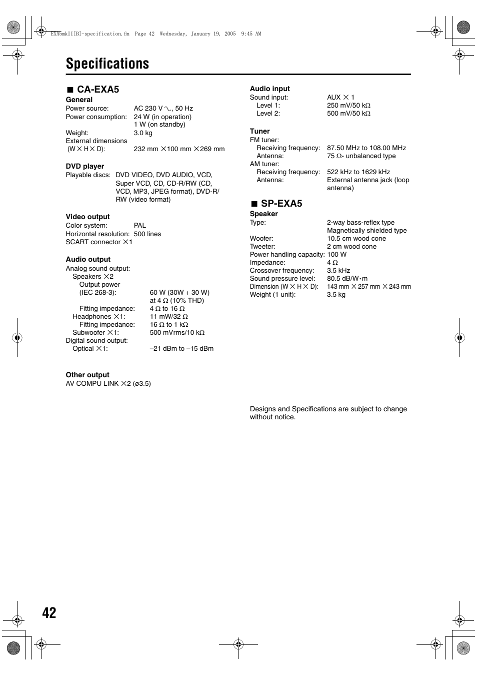Specifications, 7 ca-exa5, 7 sp-exa5 | JVC EX-A5 User Manual | Page 46 / 47  | Original mode