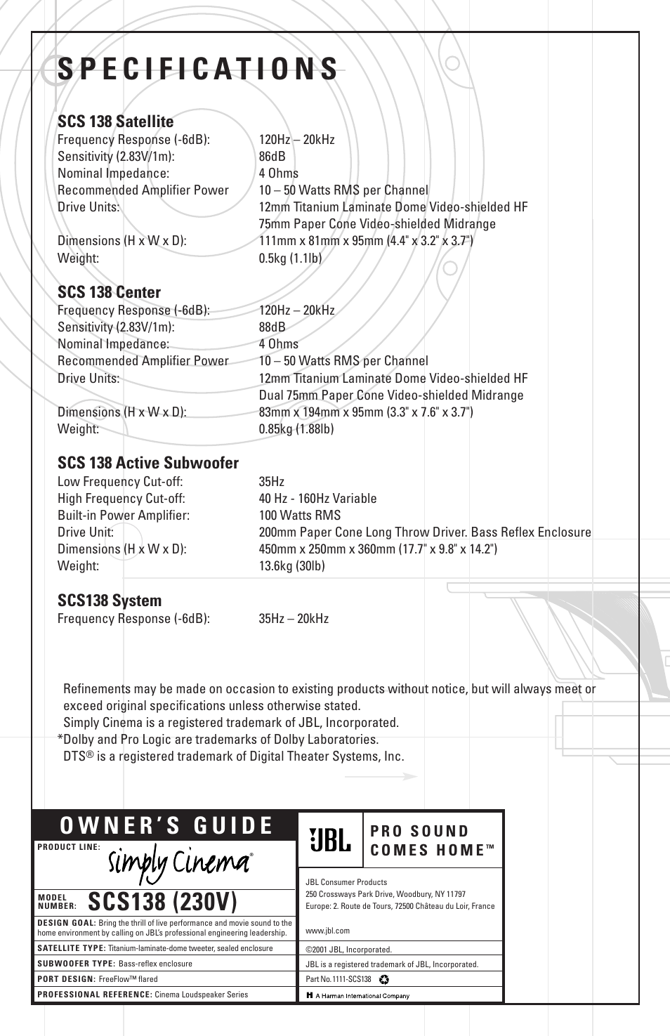 Scs 138 satellite, Scs 138 center, Scs 138 active subwoofer | JBL SCS138  User Manual | Page 12 / 12