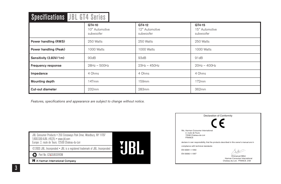 Specifications jbl gt4 series | JBL GT4-10 User Manual | Page 4 / 4