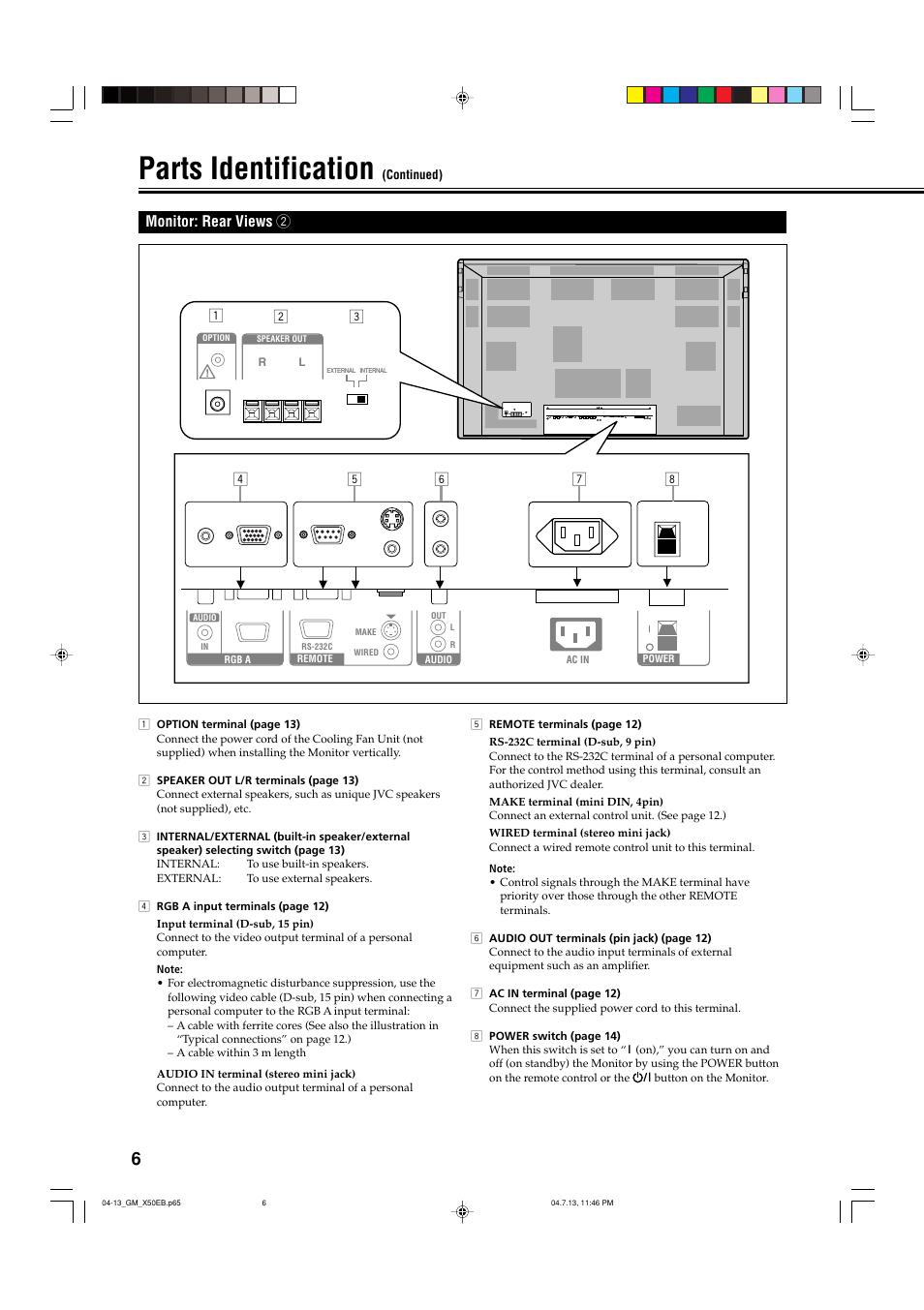 Monitor: rear views 2, Parts identification | JVC GM-X50E User Manual |  Page 7 / 42 | Original mode