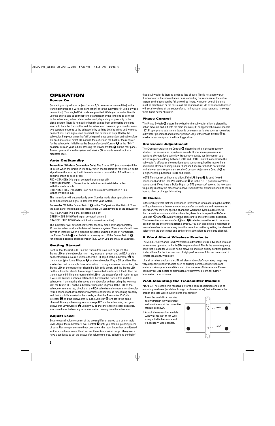 Operation | JBL ES250PW User Manual | Page 6 / 8