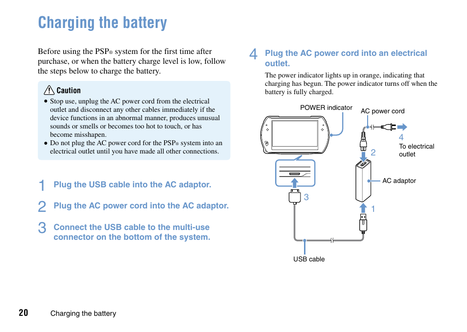 Charging the battery | Sony PSP Go PSP-N1001 User Manual | Page 20 / 123 |  Original mode