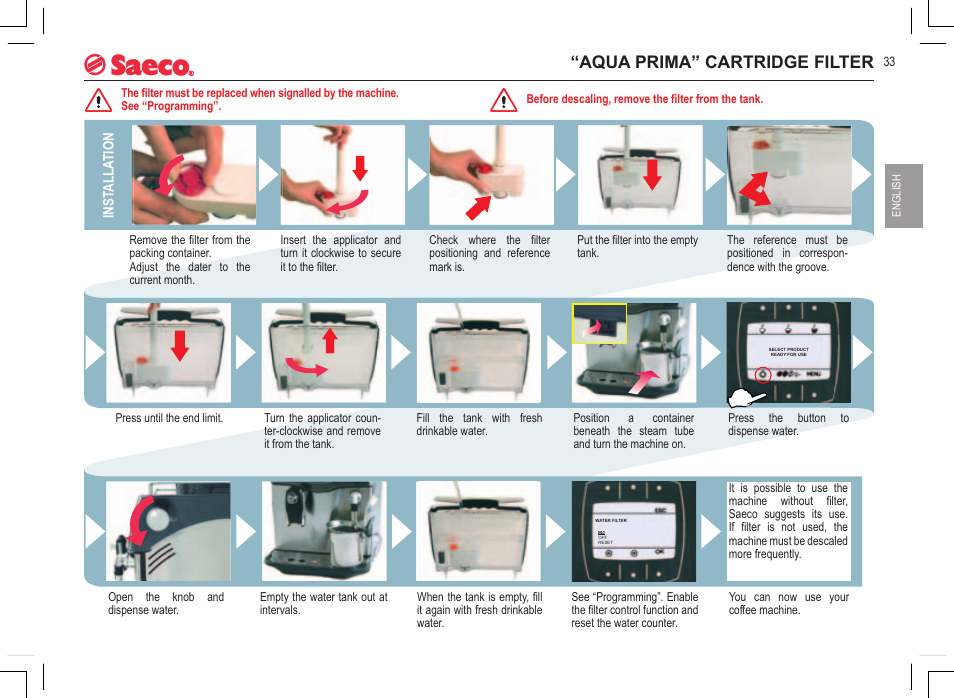 Aqua prima” cartridge filter | Philips Saeco INCANTO SIRIUS SUP021YADR User  Manual | Page 11 / 24