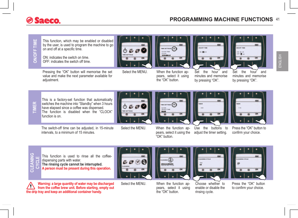 Programming machine functions, Timer, Cleaning cycle | Philips Saeco  INCANTO SIRIUS SUP021YADR User Manual | Page 19 / 24