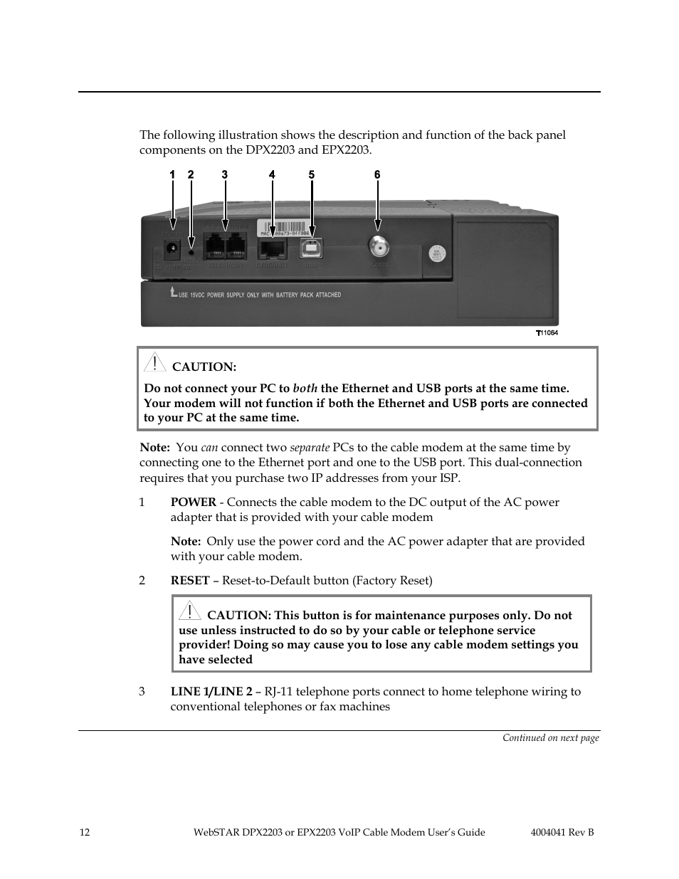 Webstar cable modem back panel, Back panel components | Scientific Atlanta WebSTAR EPX2203 Manual | Page 13 55 Original mode