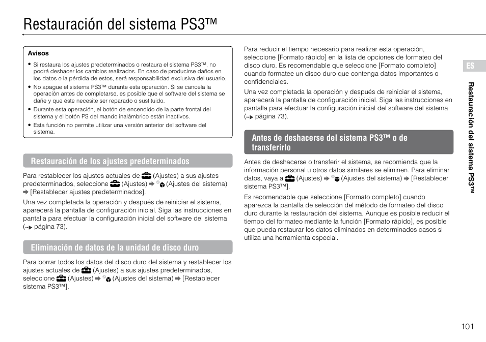 Restauración.del.sistema.ps3, Restauración del sistema ps3 | Sony 120-250GB Playstation  3 CECH-2101A User Manual | Page 101 / 120