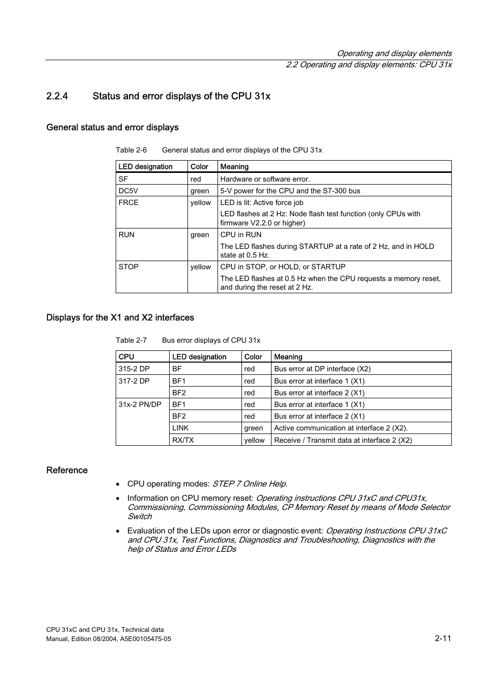 4 status and error displays of the cpu 31x | Siemens Simatic S7-300 CPU  31xC and CPU 31x S7-300 User Manual | Page 27 / 244