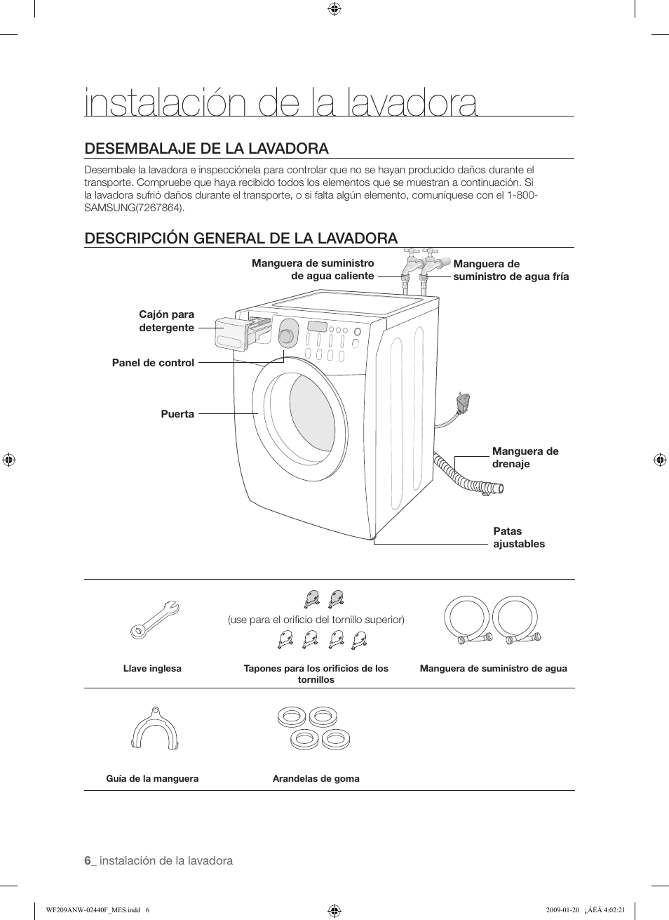 Instalación de la lavadora, Desembalaje de la lavadora, Descripción general  de la lavadora | Samsung WF209 User Manual | Page 34 / 56 | Original mode
