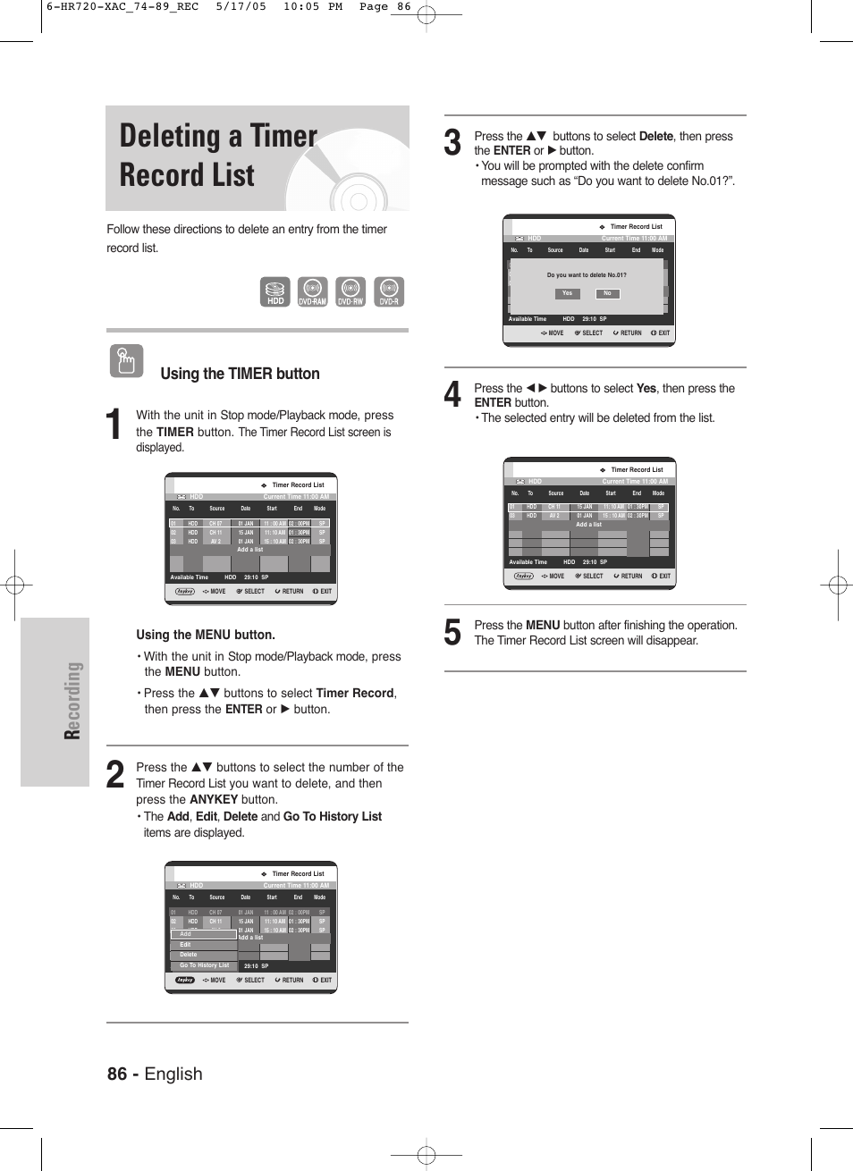 Deleting a timer record list, Recording, 86 - english | Samsung DVD-HR720  User Manual | Page 86 / 130