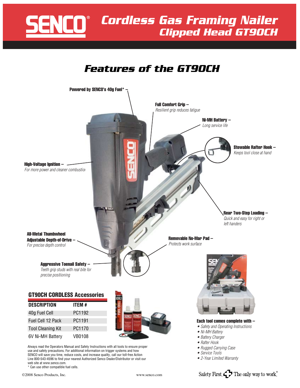 Cordless gas framing nailer, Features of the gt90ch, Clipped head gt90ch | Senco  GT90CH User Manual | Page 2 / 2