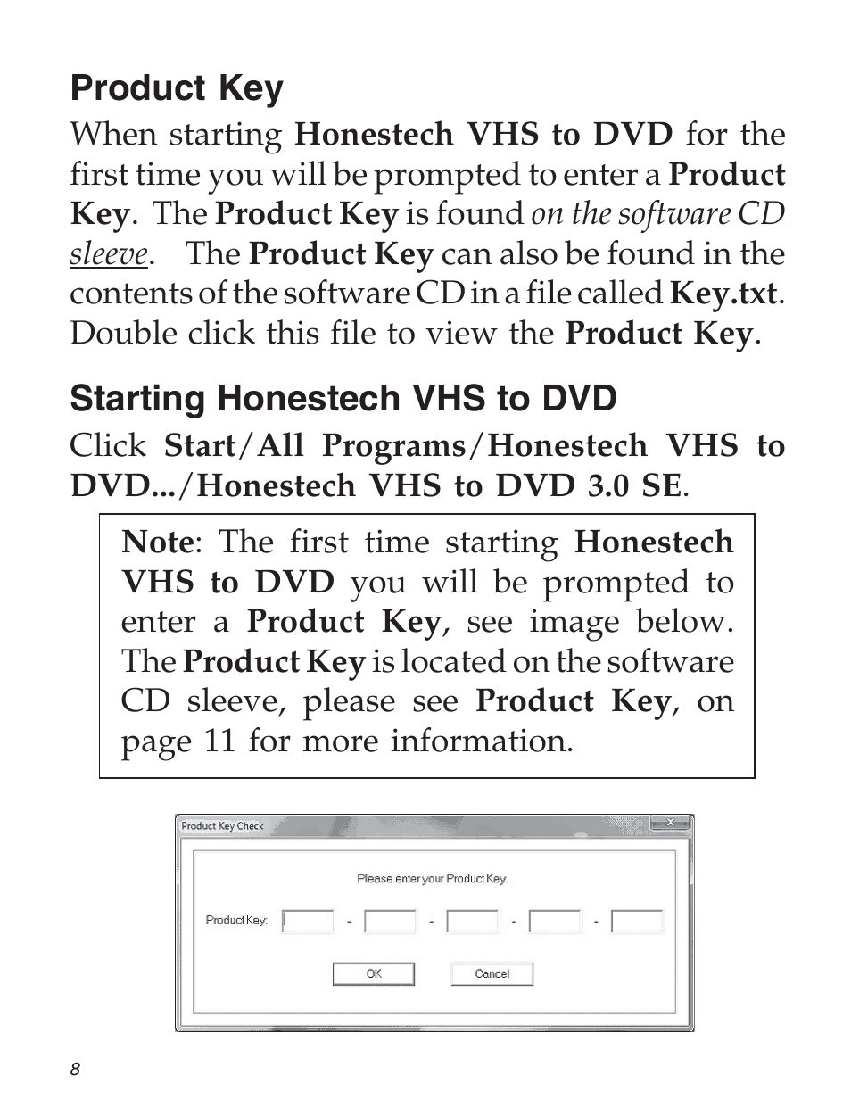 Product key, Starting honestech vhs to dvd | SIIG 104-0561C User Manual |  Page 8 / 12