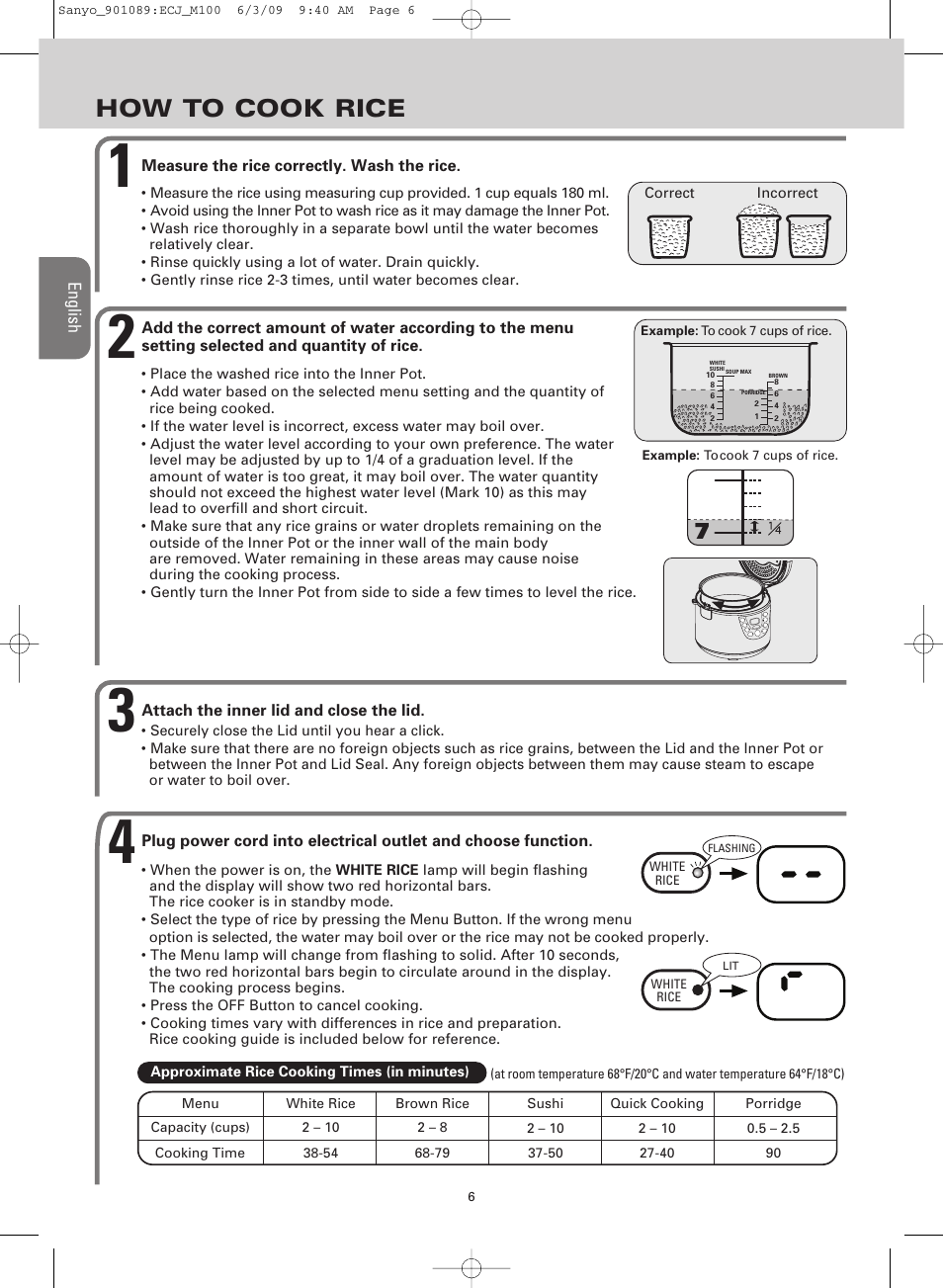 How to cook rice | Sanyo RICE COOKER & VERSATILE COOKER ECJ-M100S User  Manual | Page 6 / 32 | Original mode