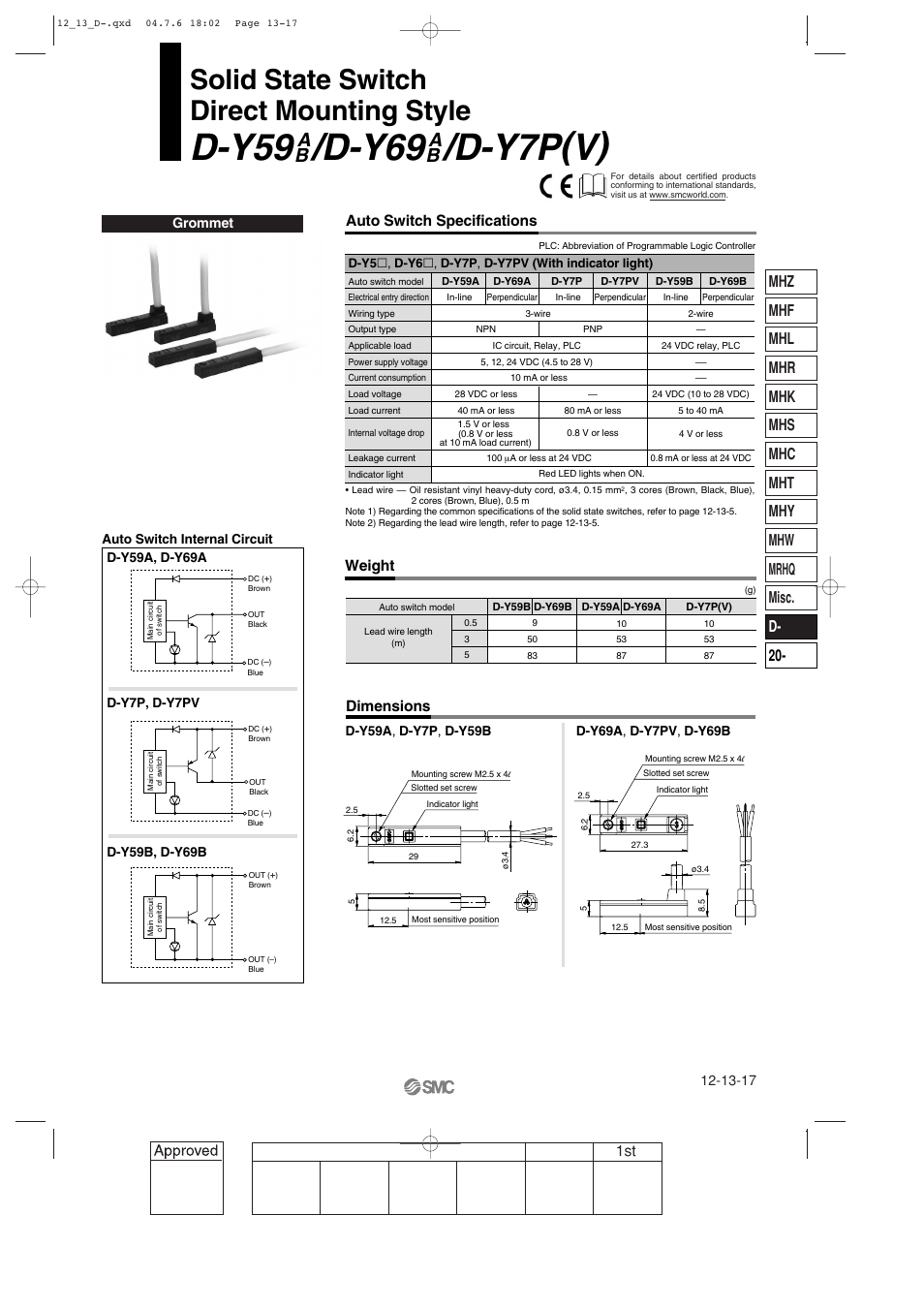 Solid State Switch Direct Mounting Style Auto Switch Specifications Weight Smc Networks Reed Switch Solid State Switches User Manual Page 17 27 Original Mode