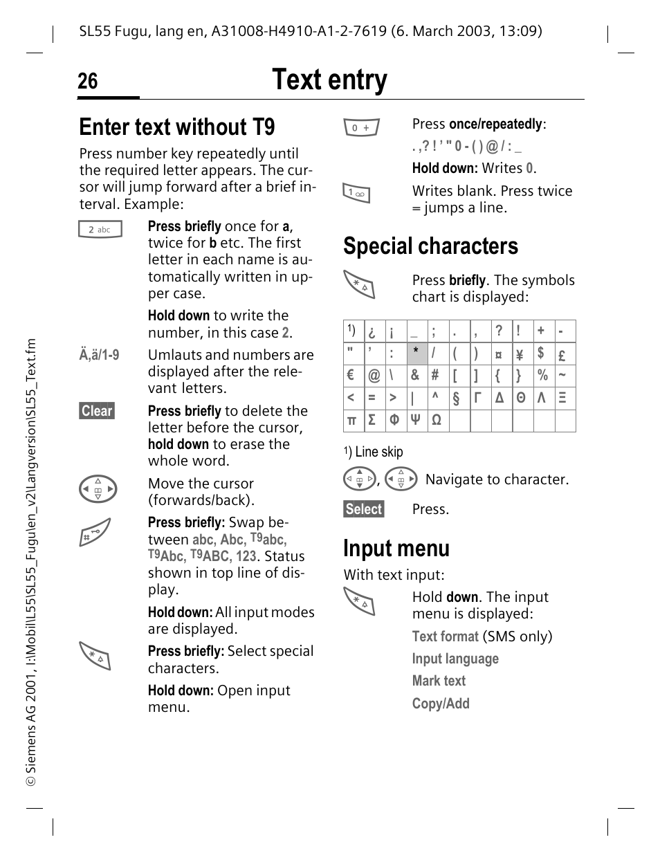 Text entry, Enter text without t9, Special characters | Siemens Gigaset  SL55 User Manual | Page 27 / 144 | Original mode