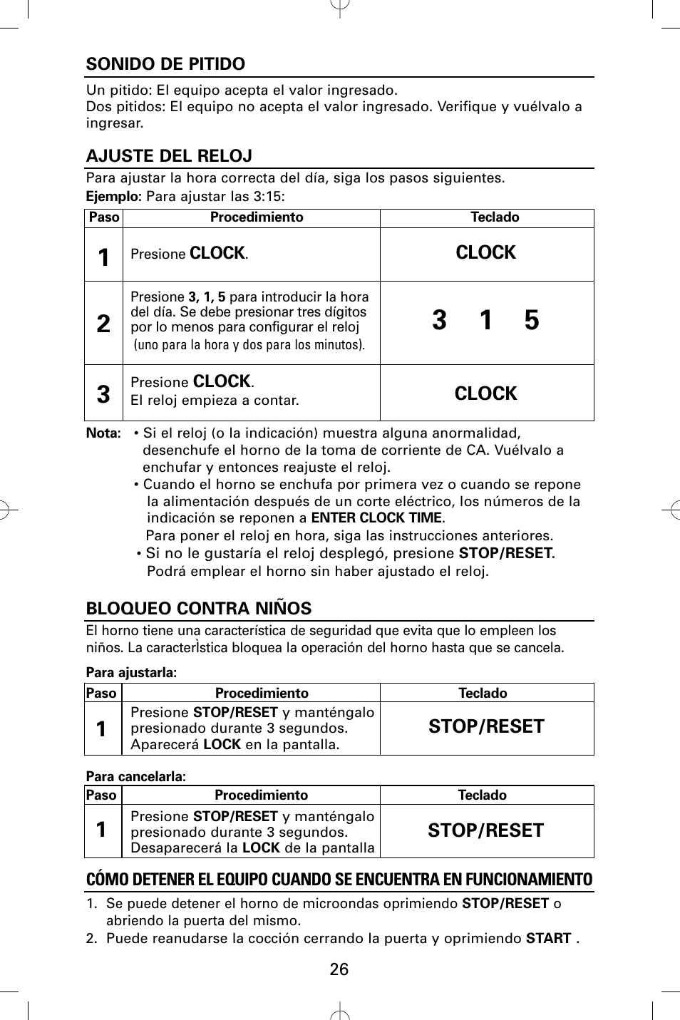 Clock, Stop/reset | Sanyo EM-S5002W User Manual | Page 26 / 40