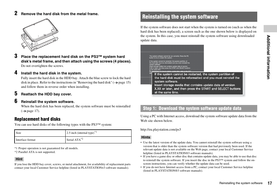 Reinstalling the system software | Sony Playstation 3 CECHL04 User Manual |  Page 17 / 28