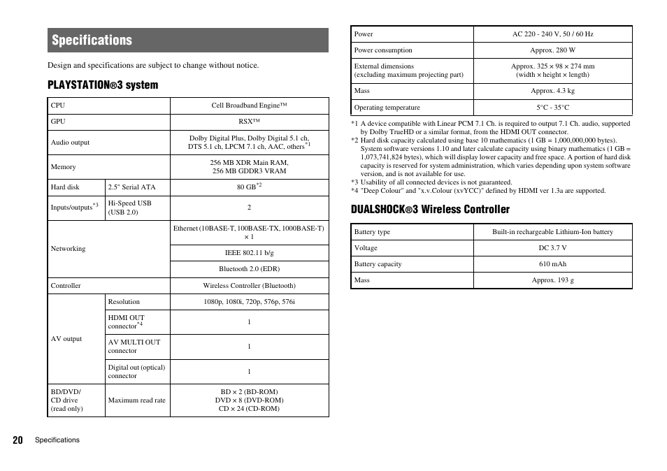 Specifications, Playstation, 3 system | Sony Playstation 3 CECHL04 User  Manual | Page 20 / 28