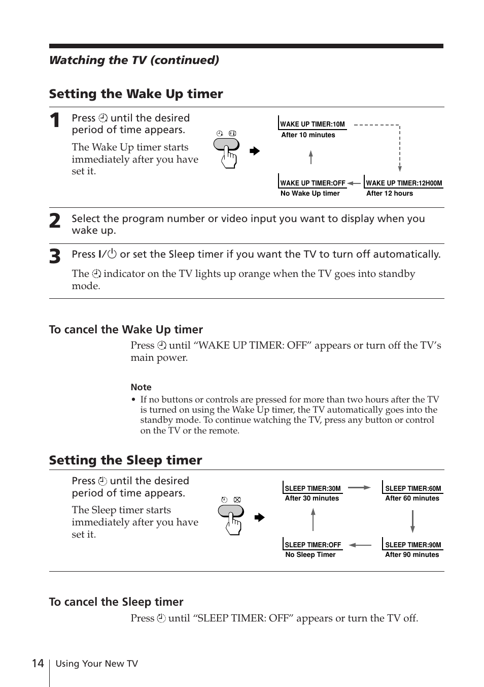 Setting the wake up timer, Setting the sleep timer | Sony WEGA KV-XJ29 User  Manual | Page 14 / 26