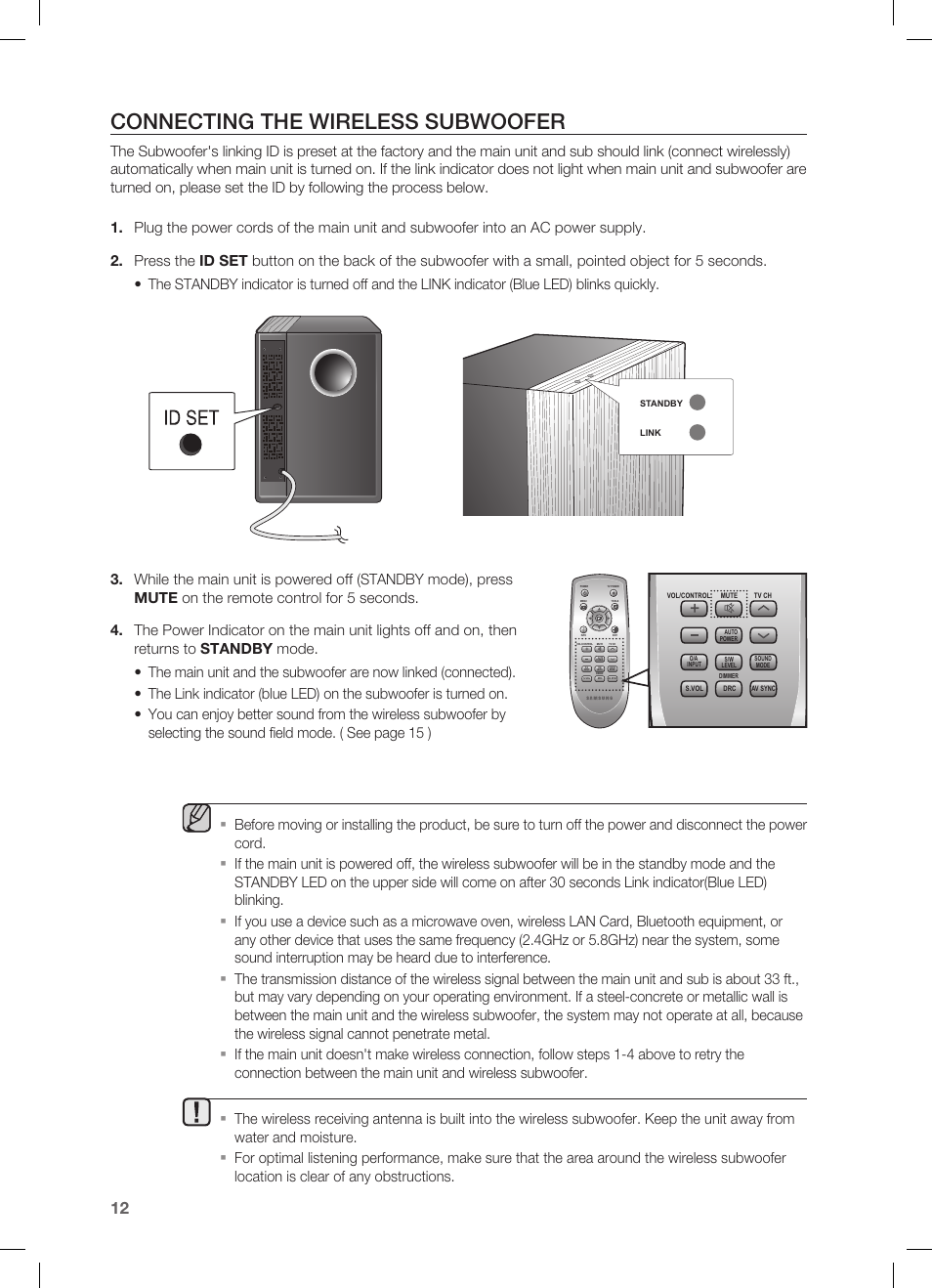 Connecting the wireless subwoofer, Connecting the crystal surround air  track | Samsung HW-C450 User Manual | Page 12 / 21 | Original mode