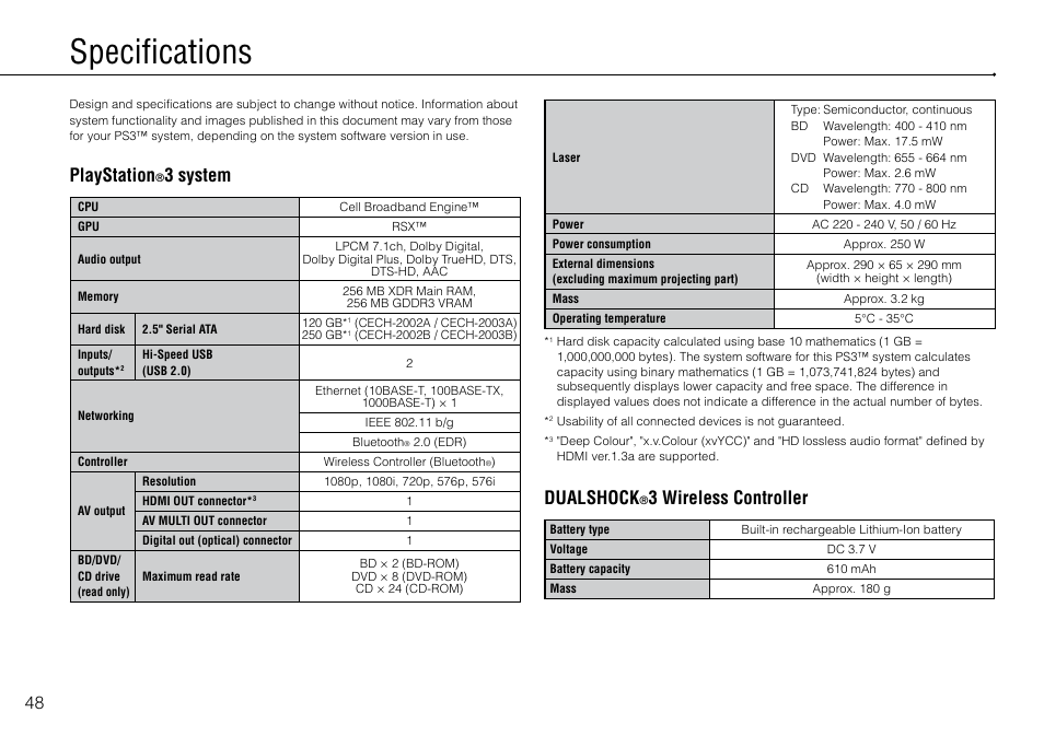 Specifications, Dualshock, 3 wireless controller | Sony Playstation 3 CECH- 2003B User Manual | Page 48 / 60
