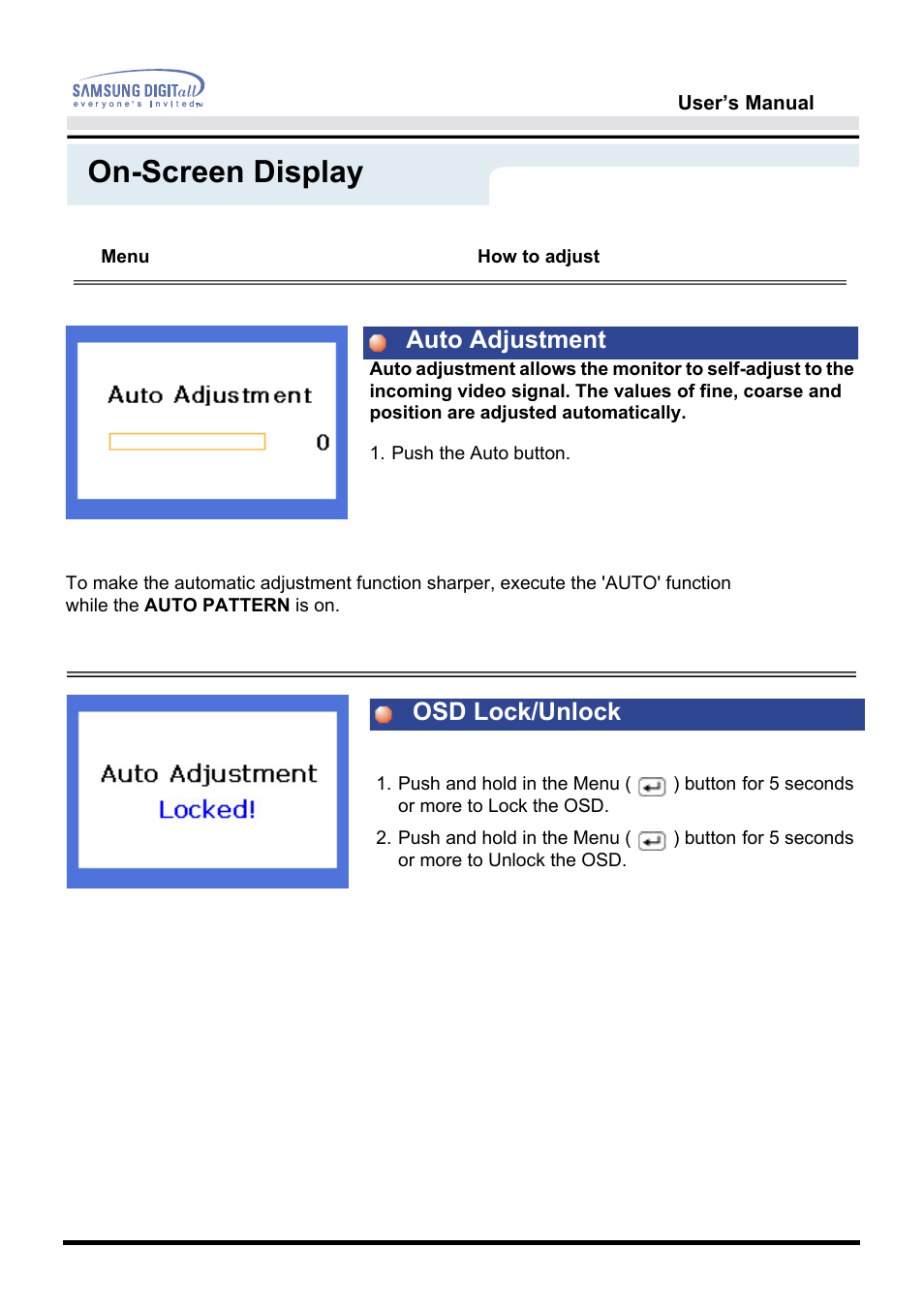 On-screen display, Auto adjustment, Osd lock/unlock | Samsung 172T User  Manual | Page 45 / 69