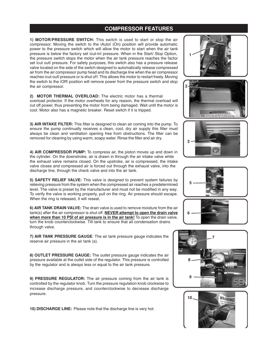 Compressor features | Senco PC1010 User Manual | Page 9 / 16