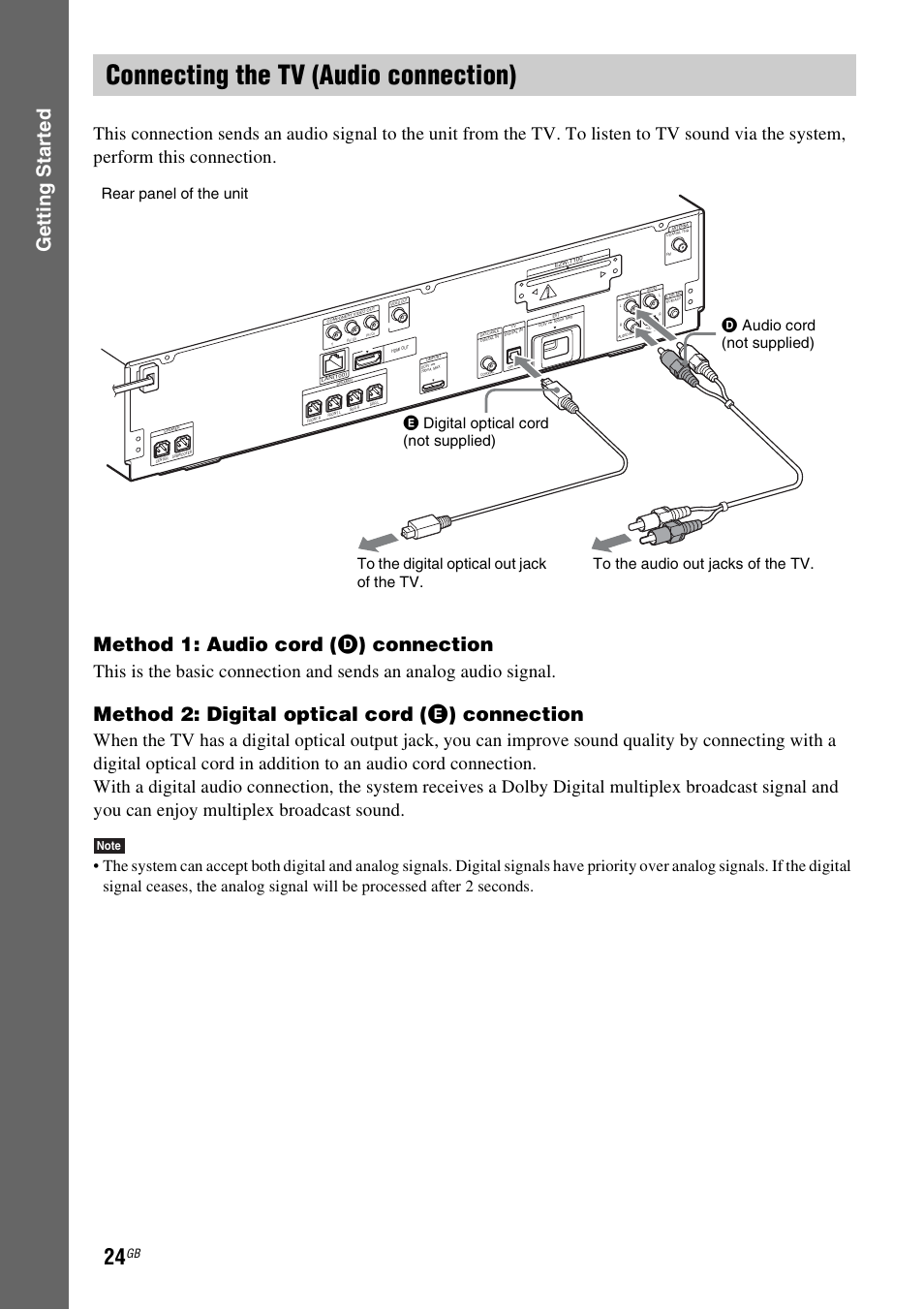 Connecting the tv (audio connection), E 24), Gettin g star ted | Sony  Ericsson BDV-E300 User Manual | Page 24 / 115 | Original mode