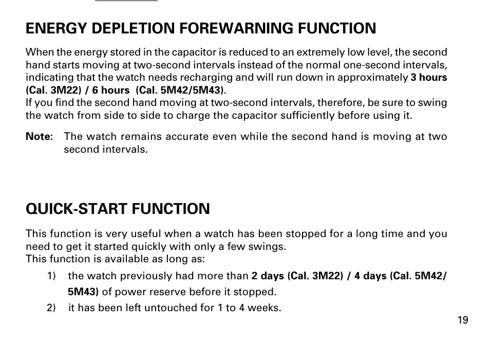Energy depletion forewarning function, Quick-start function | Seiko KINETIC  5M43 User Manual | Page 19 / 28 | Original mode